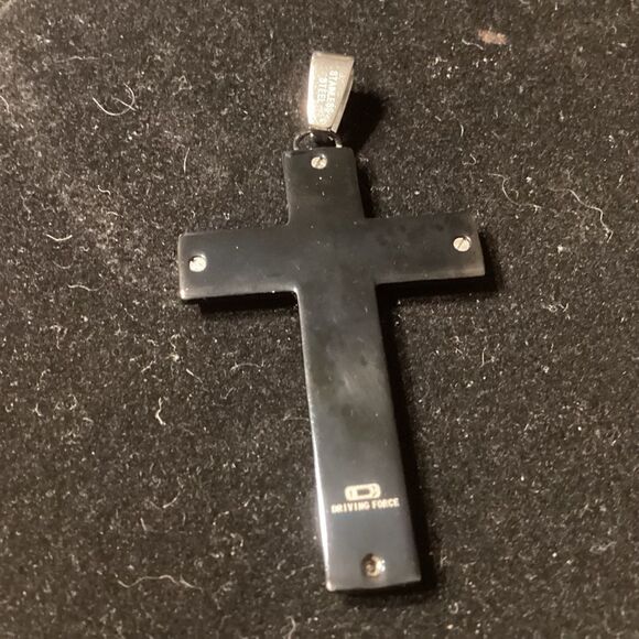 Driving Force Silvertone and Black Crystal Inset Cross Pendant - Picture 4 of 4